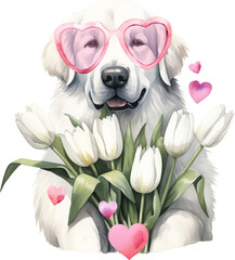 Poster - Valentine great pyrenees dog portrait illustration created with Generative AI technology