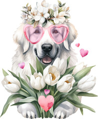 Aufkleber - Valentine great pyrenees dog portrait illustration created with Generative AI technology