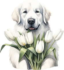 Aufkleber - Great pyrenees holding bouquet of flowers portrait illustration created with Generative AI technology