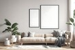 Single vertical ISO A0 frame mockup, reflective glass, mockup poster on the wall of living room. Interior mockup. Apartment background. Modern Japandi interior design. 3D rende