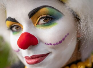 Poster - Woman clown with makeup, face closeup portrait