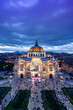 Aerial view of illuminated The Palace of Fine Arts know as 