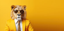Portrait Of A Lion In A Business Suit On A Yellow Background