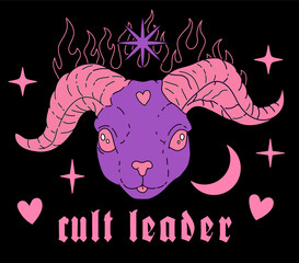 Print for a t-shirt with a tattoo gothic style illustration of a goat head in pink and violet colors on a black background.