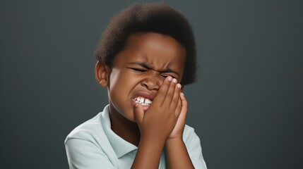 Wall Mural - little boy presses hand to cheek, suffers from pain in tooth isolated on gray studio background. Teeth decay, dental problems, child emotions and facial expression