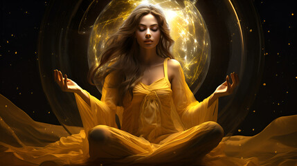 Wall Mural - a woman in a yellow dress in a lotus position, immersed in a meditative state, surrounded by a majestic golden glow, symbolizing her connection with cosmic energy and universal consciousness