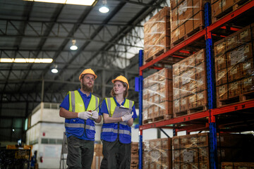 workers checking and inspecting metal machine part items for shipping. male and woman checking the store factory. industry factory warehouse. The warehouse of spare part for machinery and vehicles.