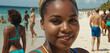 slightly overweight african american happy smiling woman, stands on tropical sandy beach, good mood an sunny day with tourists at touristic spot, fictional location, front-view face