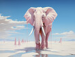 Melting pink bubble gum elephant walking through a white desert - blue sky