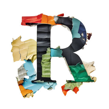 A unique letter R colorful papercut style isolated PNG, abstract paper Ransom notes mix texture, Different colors, and shapes