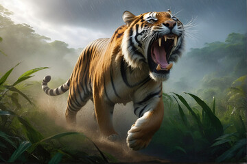 Wall Mural - tiger's attack, Realistic images of wild animal attacks