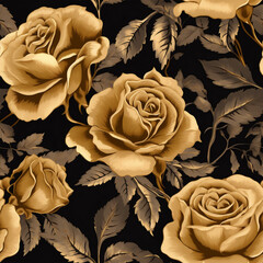 Large gold roses are painted on tan wallpaper in the style of Seamless pattern tile