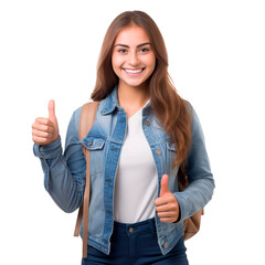 Wall Mural - Young university student woman wearing casual clothes and doing thumbs up over white transparent background