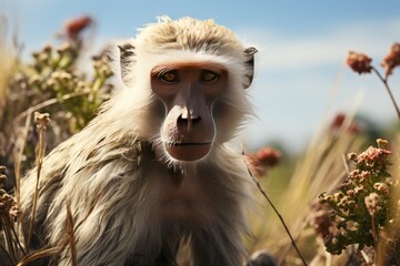 In the vibrant tropical forest, a dynamic 4K Ultra HD documentary showcases the dynamic wildlife focus, revealing the detailed life of a baboon as it navigates its lush and exotic habitat.