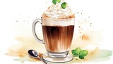 Watercolor Irish coffee mug with whipped cream and clover. St. Patrick's Day illustration background. Card.