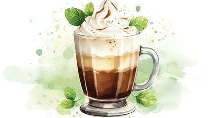 Wall Mural - Watercolor Irish coffee mug with whipped cream and clover. St. Patrick's Day illustration background. Card.