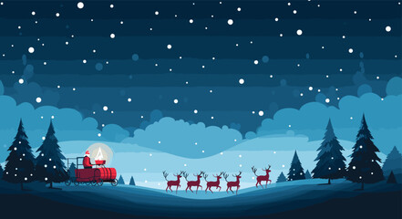 Wall Mural - art piece showcasing a group of adorable reindeer pulling santa's sleigh across a starlit sky. santa