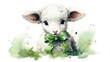 Watercolor painting of a cute Irish sheep with a green bow around its neck. St. Patrick's Day illustration background. Card.