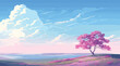 vector illustration showcasing a lush green heath landscape under a vibrant blue sky. solitary tree on a small hill, stands tall and detailed