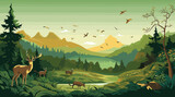 Fototapeta Pokój dzieciecy - wildlife-themed vector background with natural habitat hues of wildlife green and animal brown. detailed vector illustration of a diverse wildlife habitat with animals, trees