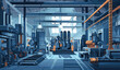 Create an industrial vector background with metallic grays and machinery blues. The subject is a clear vector depiction of a factory floor with heavy machinery and industrial equipment.