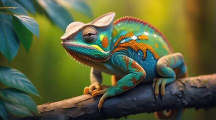 Wall Mural - Close-up photo Exotic Reptile of chameleon with various colors of nature