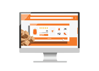 Template or Mockup as for product place computer screen online shopping application, products are display on laptop screen and and there is buy button in middle