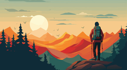 Wall Mural - vector poster advocating for outdoor adventure and exploration. simple depiction of a camper or hike