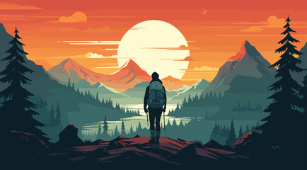 vector poster advocating for outdoor adventure and exploration. simple depiction of a camper or hike
