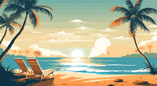 Travel Themed Vector Background Tropical Beach Shades Of Sandy Beige And Ocean Blue. A Vector Illustration Of A Tranquil Beach Scene With Palm Trees, Turquoise Waters, And Sun Loungers.