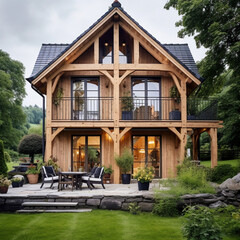 Tiny two floor timber frame house with double front doors and terrace design