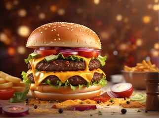 Wall Mural - ai generative, fast food close-up shot of delicious beef burger