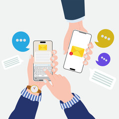Poster - Two hands holding smart phone with message, icons and emoji. Mobile smartphone with mail app concept. Email sender and receiver holding mobile phone on white background. Vector.