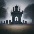 An eerie graveyard shrouded in thick fog at the break of dawn1