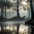 An eerie swamp with mist-covered waters and gnarled trees1