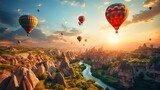 Fototapeta  - a group of hot air balloons flying over a canyon