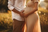 Fototapeta  - man and woman holding pregnant bump expecting baby. Happy family hands on stomach closeup. Couple in love.