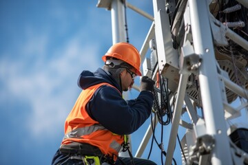 technician working on cell tower, highlighting the infrastructure behind fast and reliable wireless communication