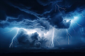 Wall Mural - thunderous dark sky with black clouds and flashing lightning. panoramic view. concept on the theme o