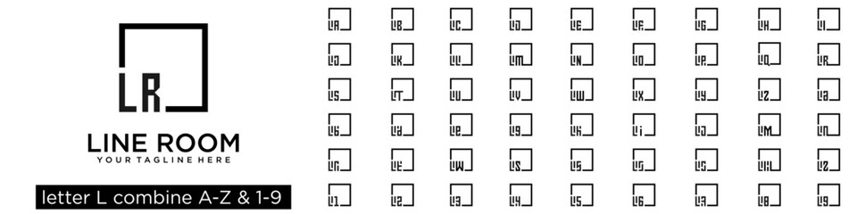 set of square logo design combined letter L with A to Z and numbers from 1 to 9. vector illustration