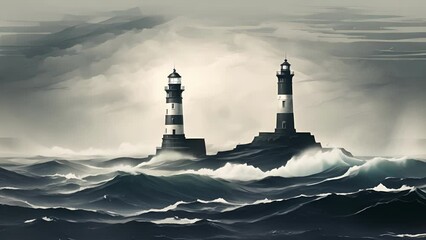 Wall Mural - Monochromatic minimal illustration of a lighthouse standing tall against a stormy sea.