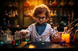 A young girl with glasses, dressed as a scientist, conducts an experiment with colorful liquids