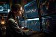 Female financial analyst examining stock ticker displays