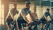 Young people training on stationary bike in gym, Cardio routines