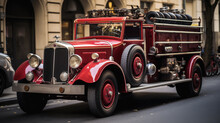 Classic Old Vintage Style AI Generated Fire Fighter Truck Parking On Urban Street Without People.