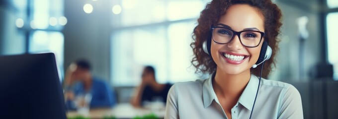 Cheerful customer service rep at work with headset in office.