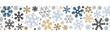 Simple Christmas pattern with geometric blue, golden, silver snowflakes on white background.