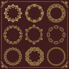 Wall Mural - Vintage set of round brown and golden elements. Different elements for design frames, cards, menus, backgrounds and monograms. Classic patterns. Set of vintage patterns