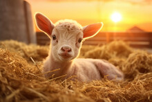Newborn Lamb Lying Among Straw In A Stable, On Golden Sunset Background