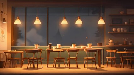 Wall Mural - Minimal illustration of a cozy coffee shop, with warm glowing lights, wooden tables, and steaming cups of coffee.